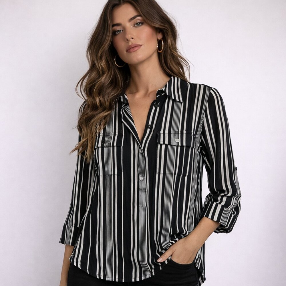 INC International Concepts Black and White Long Sleeve Buttoned BlouseSize M